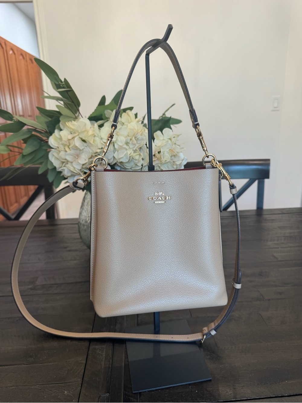 Coach Taupe Pebbled Leather Bucket Shoulder Bag with Gold Hardware